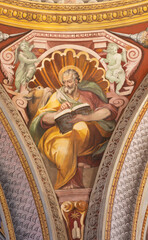  ROME, ITALY - AUGUST 28, 2021: The fresco of Luke the Evangelist in church San Girolamo dei Croati by  Pietro Gagliardi (1847-1852).