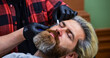 © be free - brutal bearded man at hairdresser salon with master, grooming