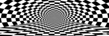 Abstract Black And White Pattern With Tunnel. Contrasty Optical Psychedelic Illusion. Smooth Checkered Spiral And Chessboard In Perspective. Vector. 3D Illustration