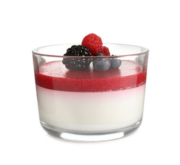 Delicious panna cotta with fruit coulis and fresh berries isolated on white