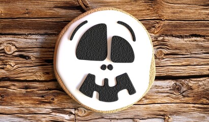 Wall Mural - Halloween skull cookie on wooden background - 3D illustration