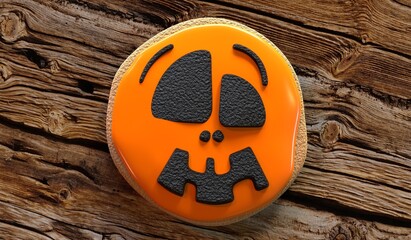 Sticker - Halloween skull cookie on wooden background - 3D illustration