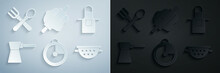 Set Kitchen Timer, Apron, Coffee Turk, Colander, Rolling Pin And Crossed Fork Spoon Icon. Vector