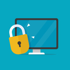 Wall Mural - computer security vector illustration isolated, flat cartoon design desktop pc protected with lock,p