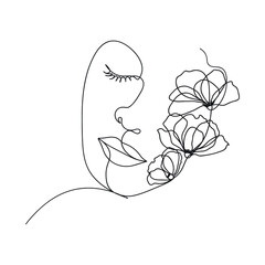 The face of the woman  with flowers continuous line drawing. One line drawing abstract minimal woman portrait, fashion concept, woman beauty minimalist, slogan design print graphics style,vector illus