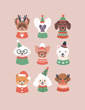 Christmas Collection Of Dogs. Vector Illustration With Cartoon Portraits Of Cute Dogs In Cozy Christmas Sweaters, Costumes And Funny Hats. Isolated On Background