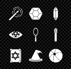 Poster - Set Magic wand, stone, Ancient magic book, Witch hat, Beach ball, Pentagram and hand mirror icon. Vector