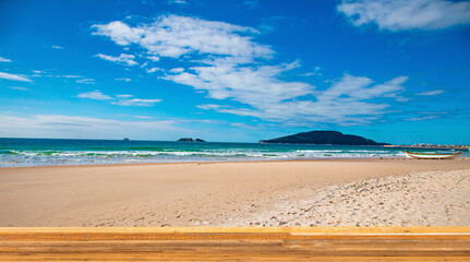 Beach landscape with wooden deck.