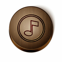 Sticker - Brown line Music note, tone icon isolated on white background. Wooden circle button. Vector