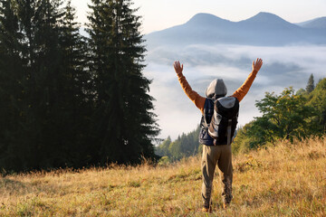 Sticker - Tourist with backpack in mountains on sunny day, back view. Space for text