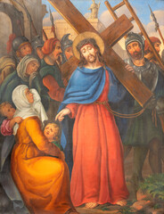 Papier Peint - VIENNA, AUSTIRA - JUNI 17, 2021: The painting fresco Jesus meets the women of Jerusalem as part of Cross way stations in church Rochuskirche by unknown artist.