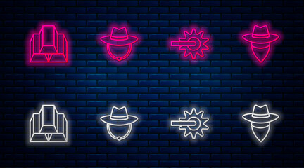 Canvas Print - Set line Western cowboy hat, Spur, Gold bars and Cowboy. Glowing neon icon on brick wall. Vector