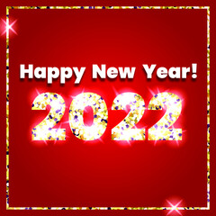 Happy New Year congratulation banner with golden glitter and number 2022 on red background.