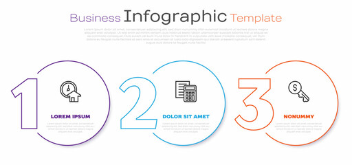 Sticker - Set line Time is money, Calculator and Rent key. Business infographic template. Vector