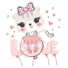 Wall Mural - Cute cat ballerina wearing pink bow sitting on love balloon isolated on white background illustration vector.