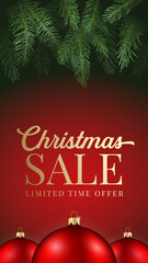 Wall Mural - Christmas Stories Vector Advertising Card or Poster. Pine Branches Background with Realistic Baubles and Sale Promo Text Copy Space . New Year Winter Holidays Discount Story Decoration Template