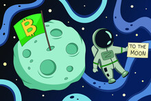 Bitcoin To The Moon Illustration. Price Rise, Good New, Positive Prediction Image For Web Post, News, And Blogs. Vector Meme Comic Illustration Of Crypto Astronaut And Bitcoin Flag On Moon Surface. 