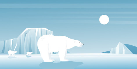 Wall Mural - Polar bear in ice arctic or antarctic landscape, north winter scene vector illustration. Cartoon cute frost icy scenery with white polar bears and glacier, wild animals in cold climate background