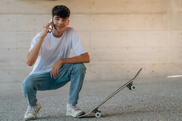 Poster - young teenager boy with mobile phone and skateboard