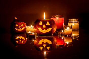 Sticker - Flaming Halloween pumpkins among candles