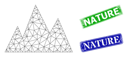 Triangular mountains model, and Nature blue and green rectangle unclean stamps. Mesh carcass image is designed with mountains icon. Stamps have Nature text inside rectangle form.