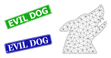 Polygonal Dog Head Model, And Evil Dog Blue And Green Rectangle Dirty Stamp Seals. Polygonal Wireframe Illustration Created From Dog Head Icon. Stamp Seals Include Evil Dog Tag Inside Rectangle Shape.
