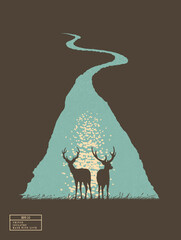 Sticker - Two deers in grass. Landscape with winding river. Endangered animal
