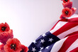 Pearl Harbor National Remembrance day banner template with united states flag, red poppies, and copy space.