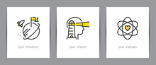 Our Mission, Our Vision And Our Values.  Business Concept. Web Page Template. Metaphors With Icons.
