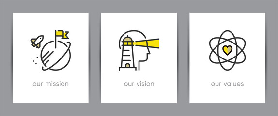 our mission, our vision and our values. business concept. web page template. metaphors with icons.