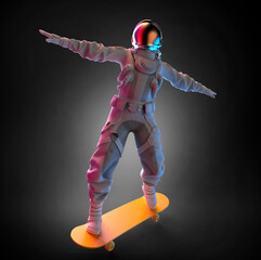 Wall Mural - astronaut balancing on a skateboard, black background. 3d illustration