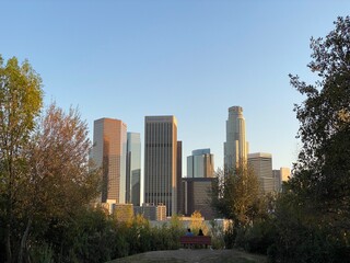 Wall Mural - LOS ANGELES, CA, JAN 2021: Downtown skyline with skyscrapers seen from park to the north of the city, people silhouetted on bench in foreground