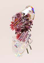 Arrangement Of Floating Glass Hands Holding Pink Daisies, Roses