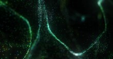 Slow Motion Of Abstract Green Particles On Black Background. Magic Glitter Flying In Motion And Forming Beautiful Swirls. 4K Abstract Wave