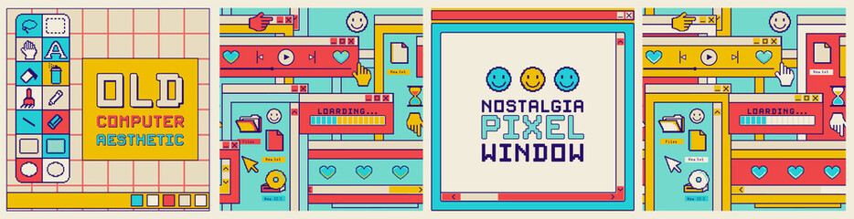 Vintage desktop windows and boxes, template for square social media post, seamless patterns, frame for slogan.Old computer pixel screen, user interface. Sticker pack of retro computer elements.