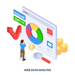 Web data analysis concept. Man in front of website with graphs and diagrams. Vector isometric illustration on white background