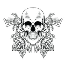 Tattoo Design Hand Drawn Skull With Gun And Roses Line Art Engraving Style
