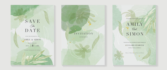 Luxury wedding invitation card background  with golden line art flower and botanical leaves, Organic shapes, Watercolor. Abstract art background vector design for wedding and vip cover template.