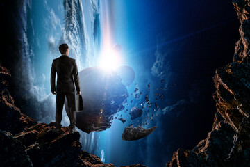 Poster - Image of businessman facing outer space.