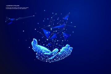 Abstract giving hand. Low poly style design. Wireframe light connection structure. Isolated vector illustration.
