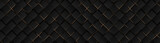 Luxury abstract black metal background with golden light lines. Dark 3d geometric texture illustration. Bright grid pattern. Pure black horizontal banner wallpaper. Elegant BG. Square diamond tiles