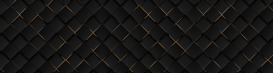 Luxury abstract black metal background with golden light lines. Dark 3d geometric texture illustration. Bright grid pattern. Pure black horizontal banner wallpaper. Elegant BG. Square diamond tiles