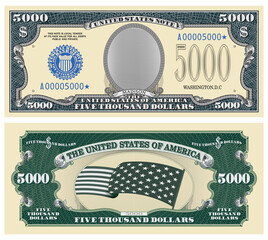 Wall Mural - Fictional template obverse and reverse of US paper money. Five thousand dollar banknote. Empty oval, stars-striped flag and guilloche frames. Madison