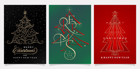 Wall Mural - illustration of Christmas card with Christmas tree vector design set. Merry Christmas and Happy new year greeting card, Merry Xmas typography for greeting card, banner, flyer, poster, letterpress foil