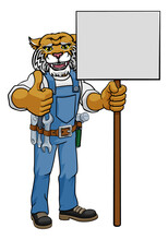 Wildcat Cartoon Mascot Handyman Holding Sign