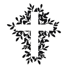 Cross. Black Floral Religious Cross Isolated. Christian Symbol For Baptism, First Communion, Easter, Or Christmas Design. Catholic Object. Orthodox Cross With Branches And Leaves.