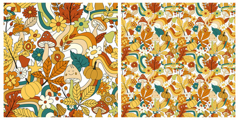 70s groovy hippie retro seamless pattern set. Vintage floral vector pattern collection. Wavy floral background with rainbow, leaves, mushroom,pumpkin,flowers. Doodle hippie print for wallpaper, fabric