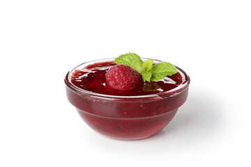 Wall Mural - Glass bowl of raspberry jam isolated on white background