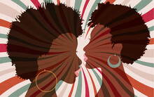 Portrait Silhouette 2 Faces Of Female African American Profile Women With Funky Hair And Hoop Earrings. Pop Rock Funky Disco Music. Retro Style Starburst Background Poster