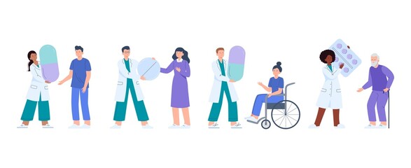 Doctors prescribe drugs to different patients. Medication treatment, pharmacy, and medicine concepts. Vector flat illustrations isolated on white background.